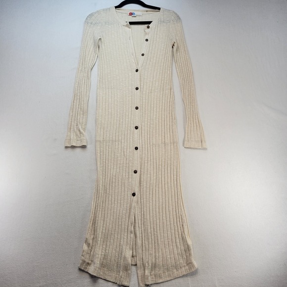 Free People Dresses & Skirts - Free People Beach Cardigan Dress Womens Small Cream Ribbed Long Sleeve Longline